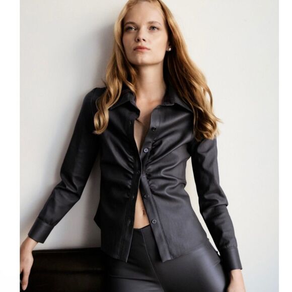 Susan Bender Ruched Stretch Leather Shirt in White Leather - Picture 9 of 9